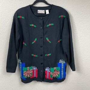 Vintage Bechamel Holiday Christmas Black Cardigan Holly Giftwrap Presents Sz L